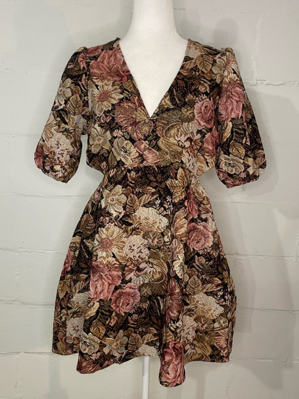 Floral V-Neck Puff Sleeve Mini Dress in Rose and Olive Tones